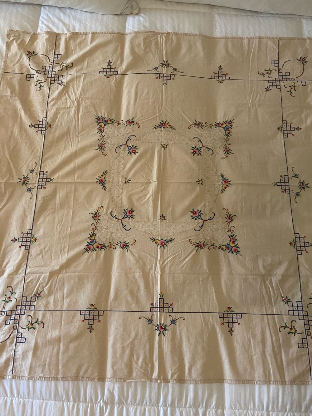 Embroidered Beige Tablecloth with Floral Accents